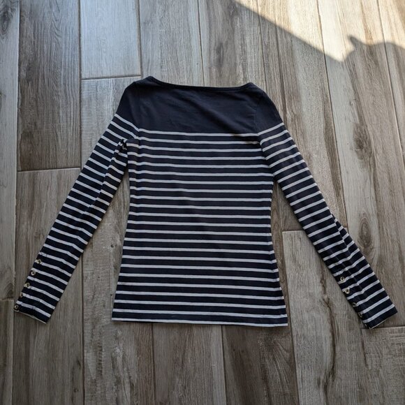 H&M Navy White Striped Long Sleeve Shirt Women’s XS Boatneck Gold Buttons - Picture 2 of 7